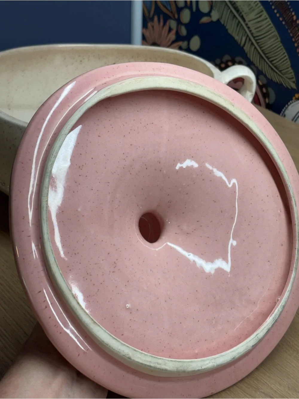 Vintage California Pottery MCM Casserole Dish Speckled White w Pink Lid